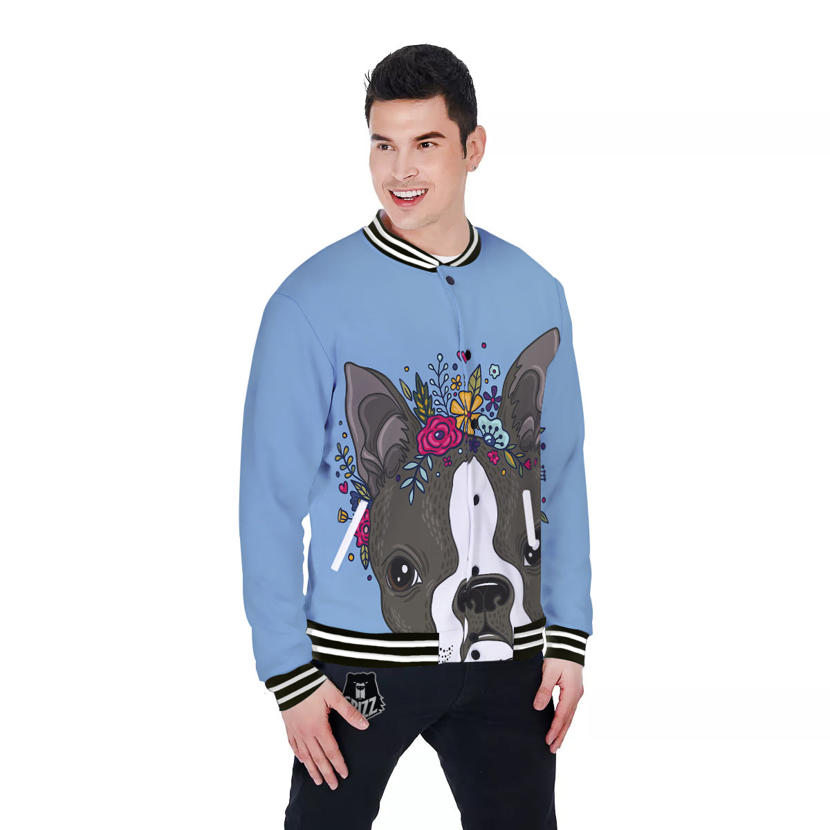 Flower Boston Terrier Cartoon Print Baseball Jacket-grizzshop