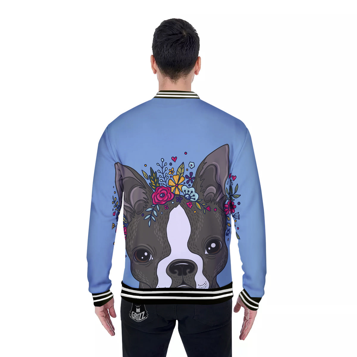 Flower Boston Terrier Cartoon Print Baseball Jacket-grizzshop