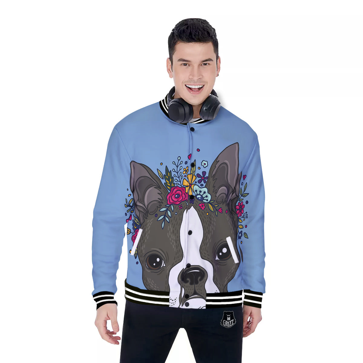 Flower Boston Terrier Cartoon Print Baseball Jacket-grizzshop