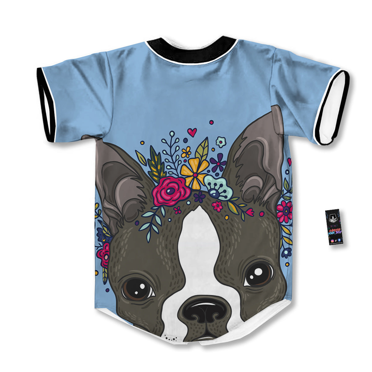 Flower Boston Terrier Cartoon Print Baseball Jersey-grizzshop