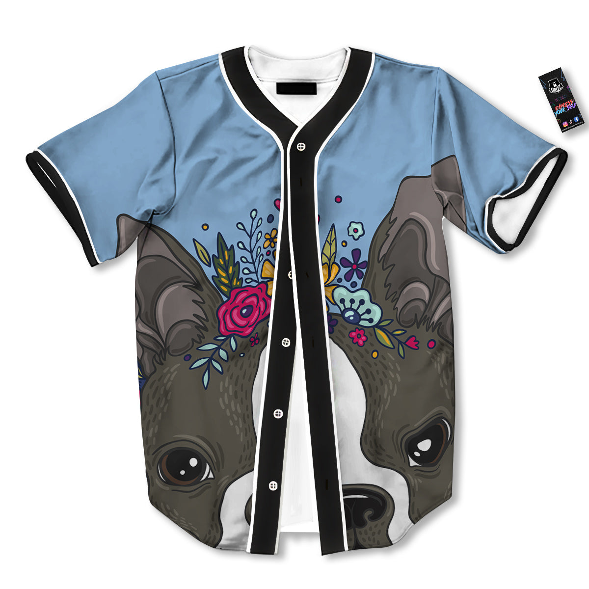 Flower Boston Terrier Cartoon Print Baseball Jersey-grizzshop