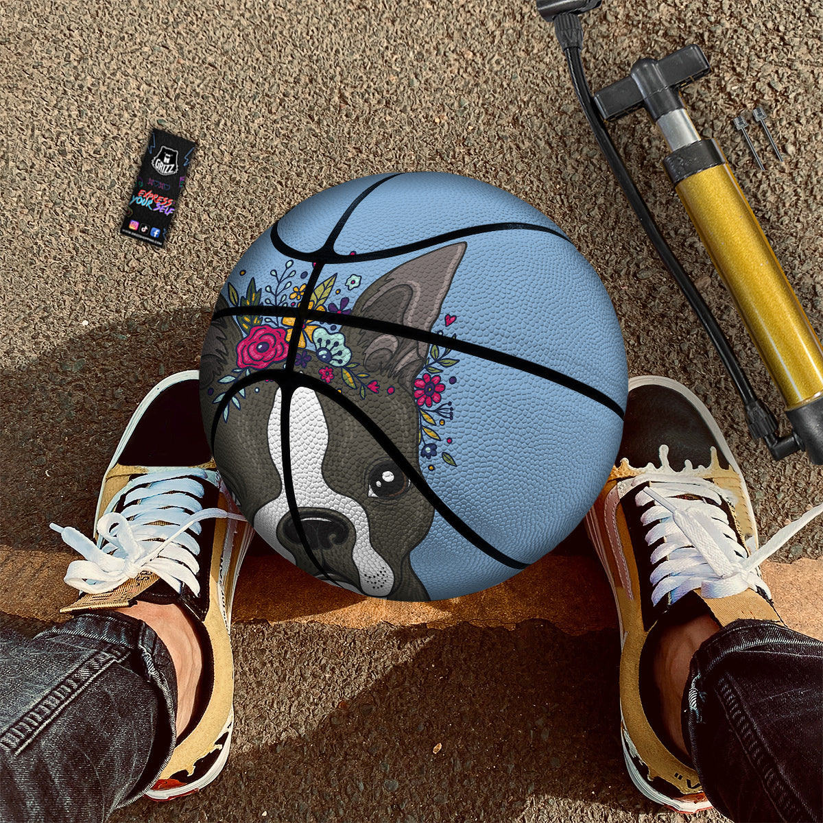 Flower Boston Terrier Cartoon Print Basketball-grizzshop
