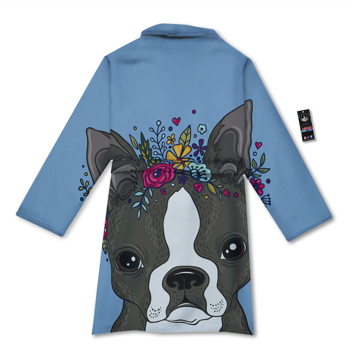 Flower Boston Terrier Cartoon Print Bathrobe-grizzshop