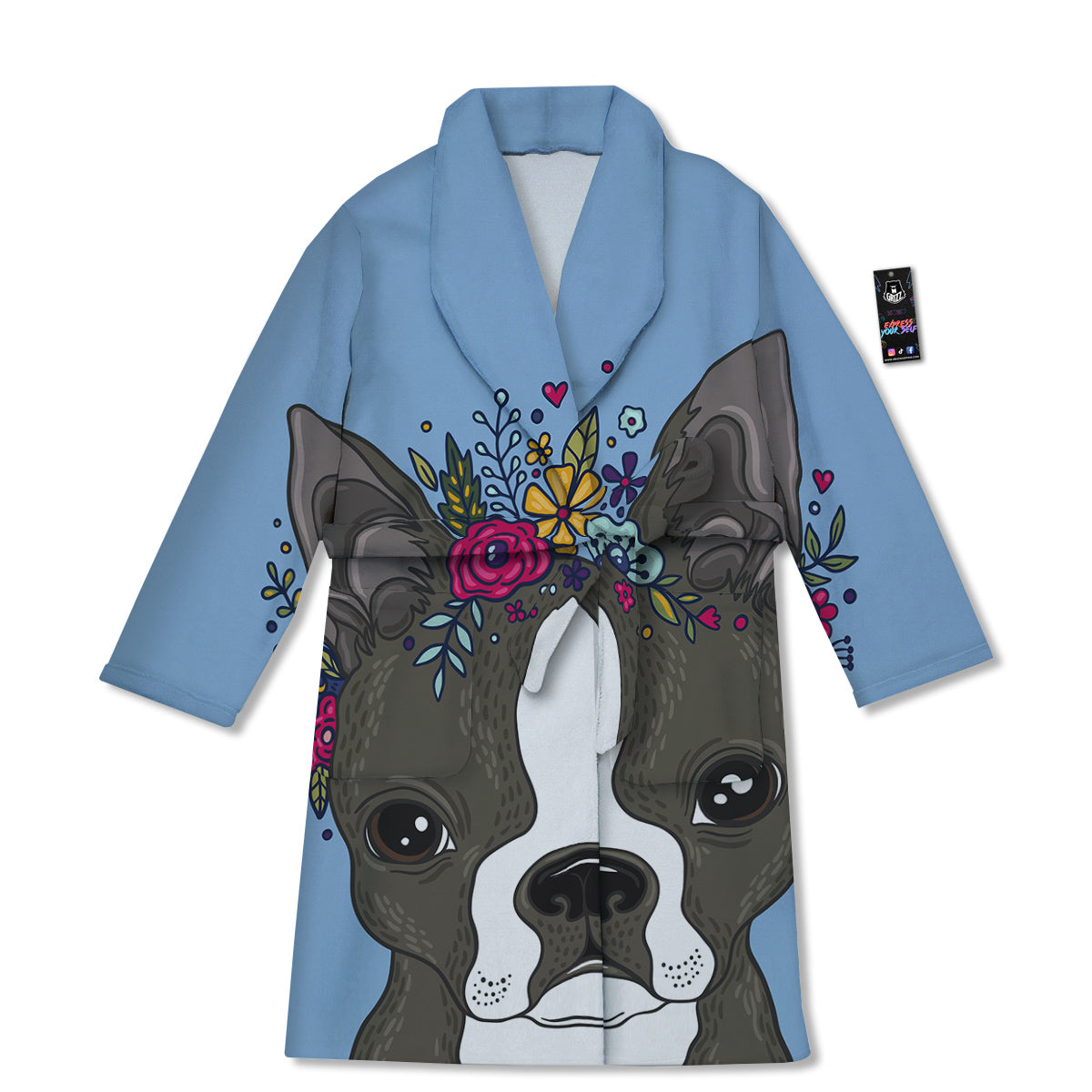 Flower Boston Terrier Cartoon Print Bathrobe-grizzshop