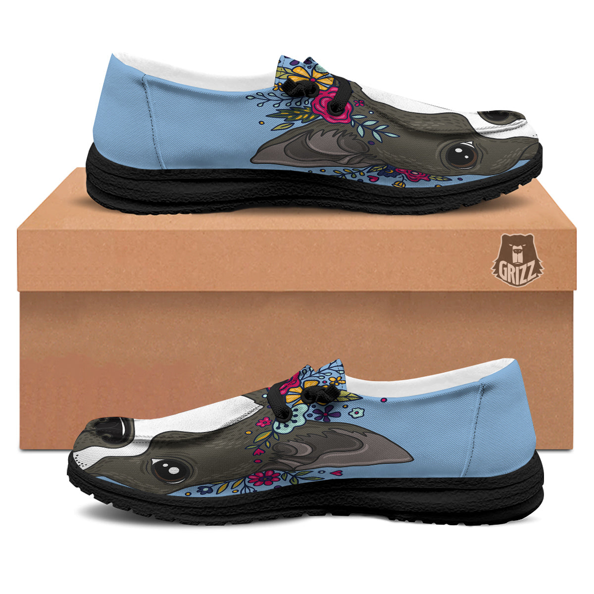 Flower Boston Terrier Cartoon Print Black Loafers-grizzshop