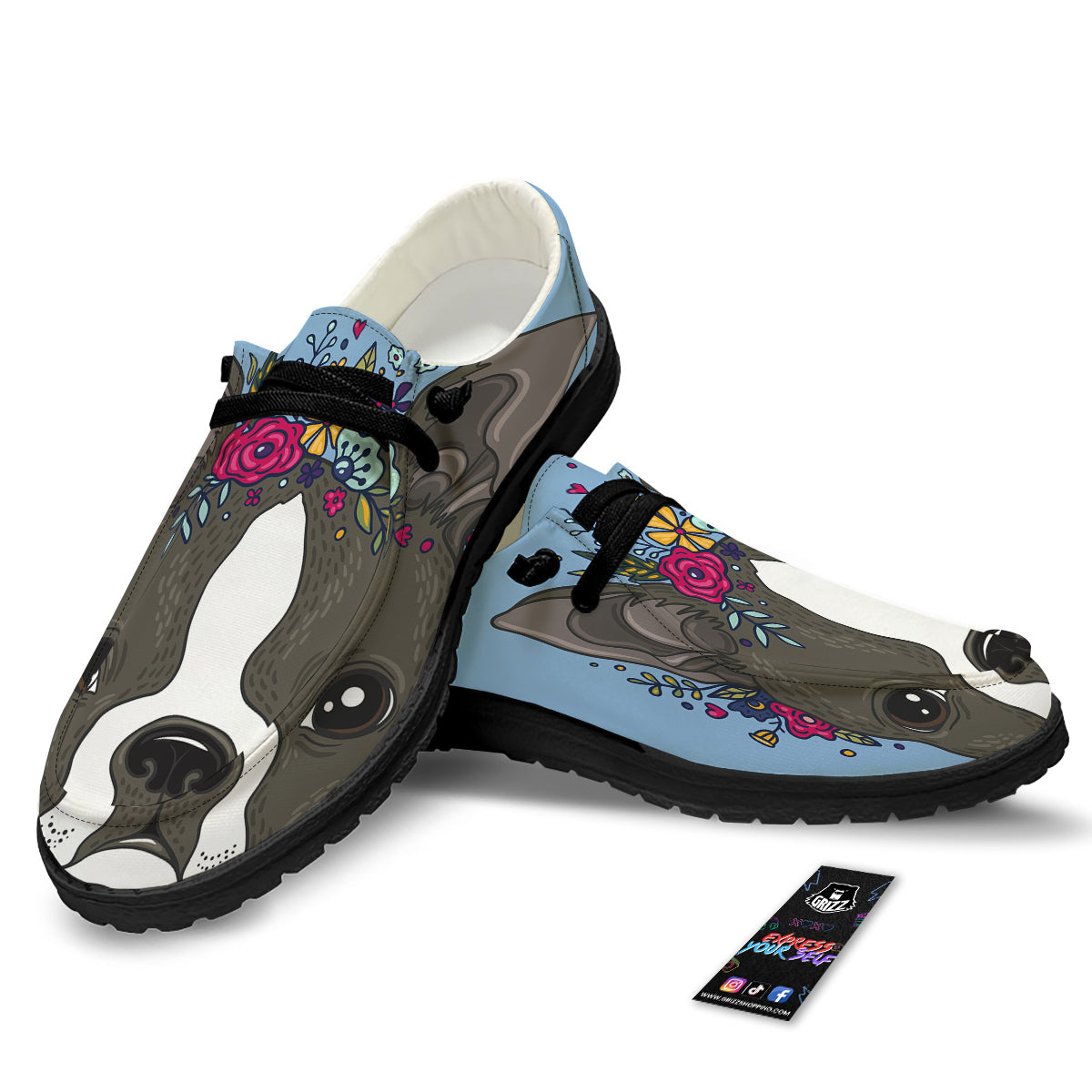 Flower Boston Terrier Cartoon Print Black Loafers-grizzshop