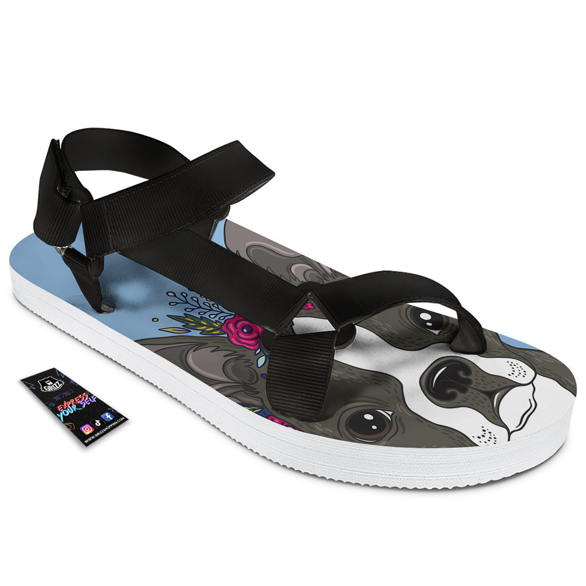 Flower Boston Terrier Cartoon Print Black Open Toe Sandals-grizzshop