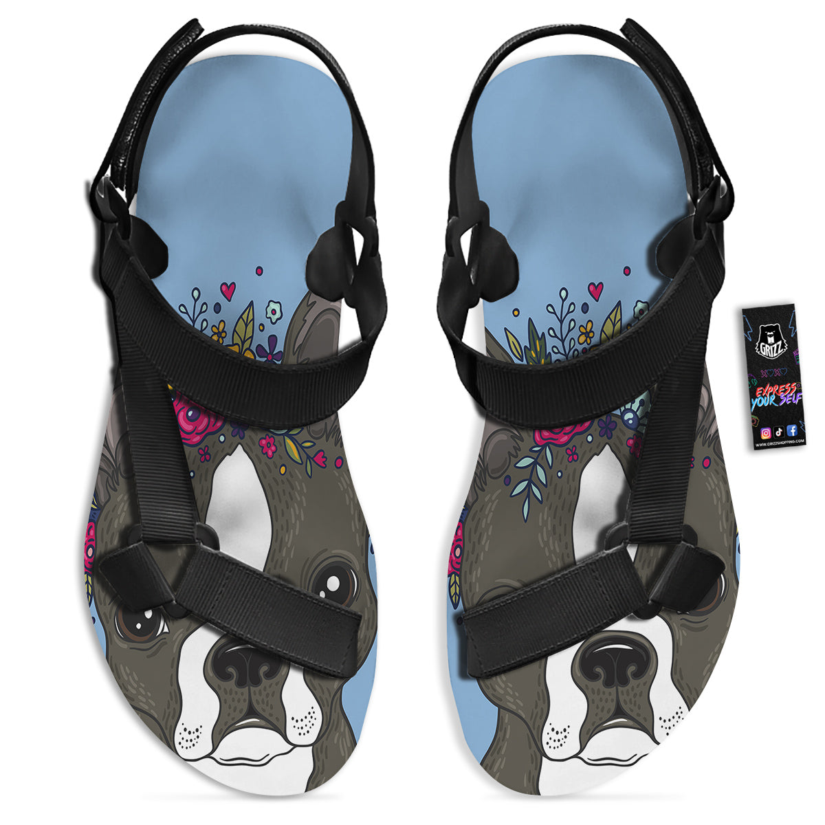 Flower Boston Terrier Cartoon Print Black Open Toe Sandals-grizzshop