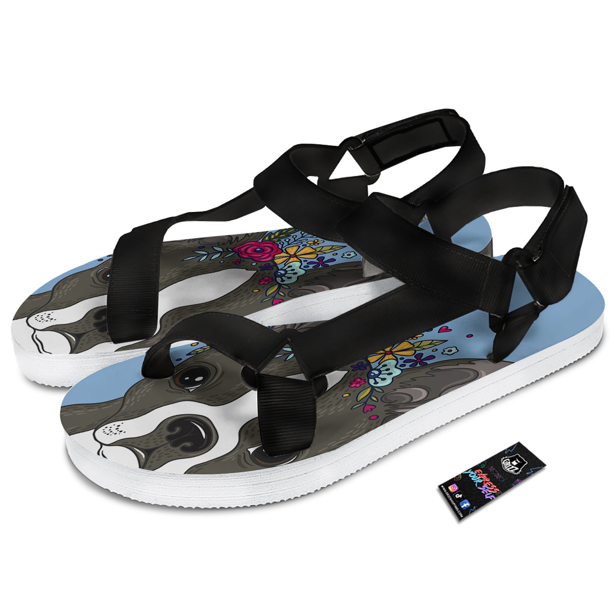 Flower Boston Terrier Cartoon Print Black Open Toe Sandals-grizzshop