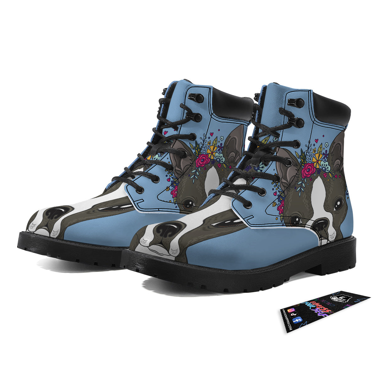Flower Boston Terrier Cartoon Print Boots-grizzshop