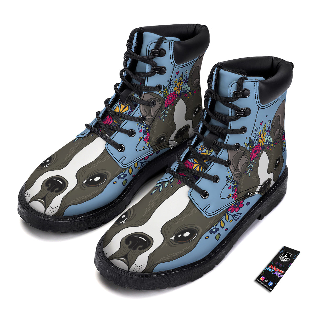 Flower Boston Terrier Cartoon Print Boots-grizzshop