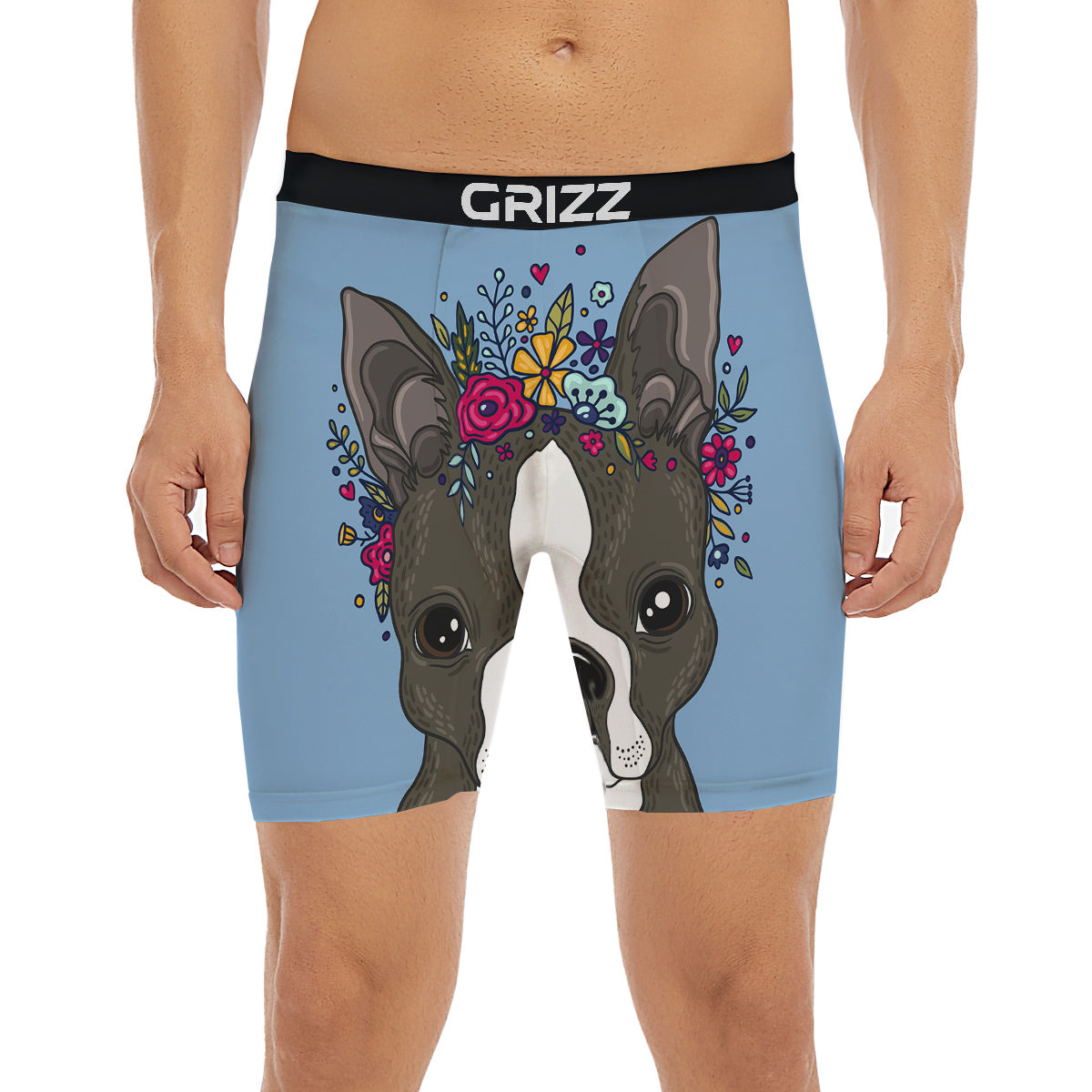 Flower Boston Terrier Cartoon Print Boxer Briefs-grizzshop