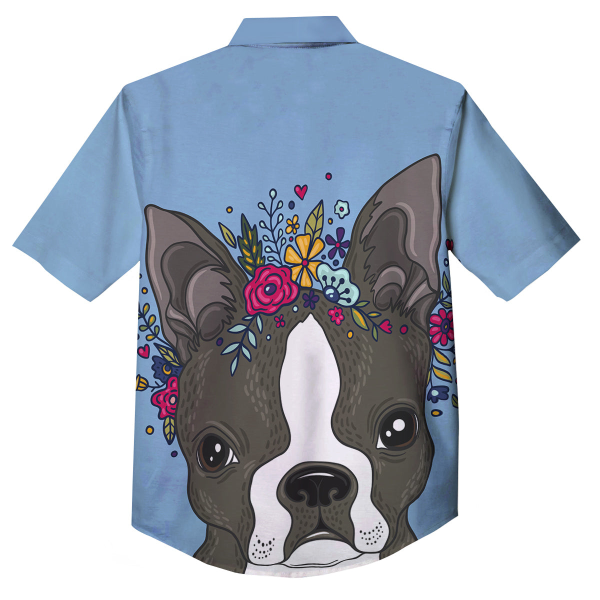 Flower Boston Terrier Cartoon Print Button Up Shirt-grizzshop