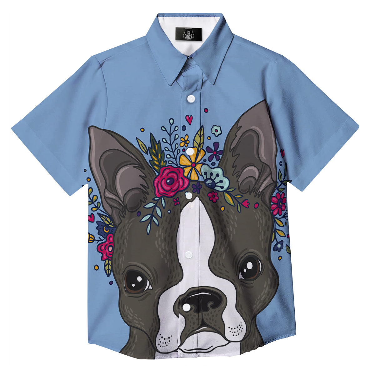 Flower Boston Terrier Cartoon Print Button Up Shirt-grizzshop