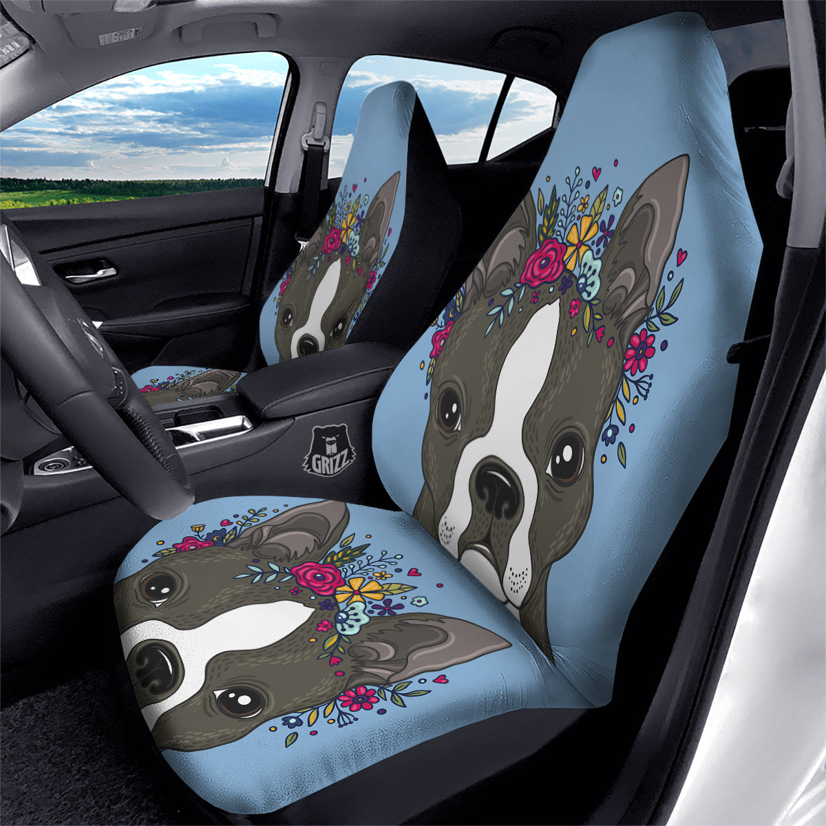Flower Boston Terrier Cartoon Print Car Seat Covers-grizzshop