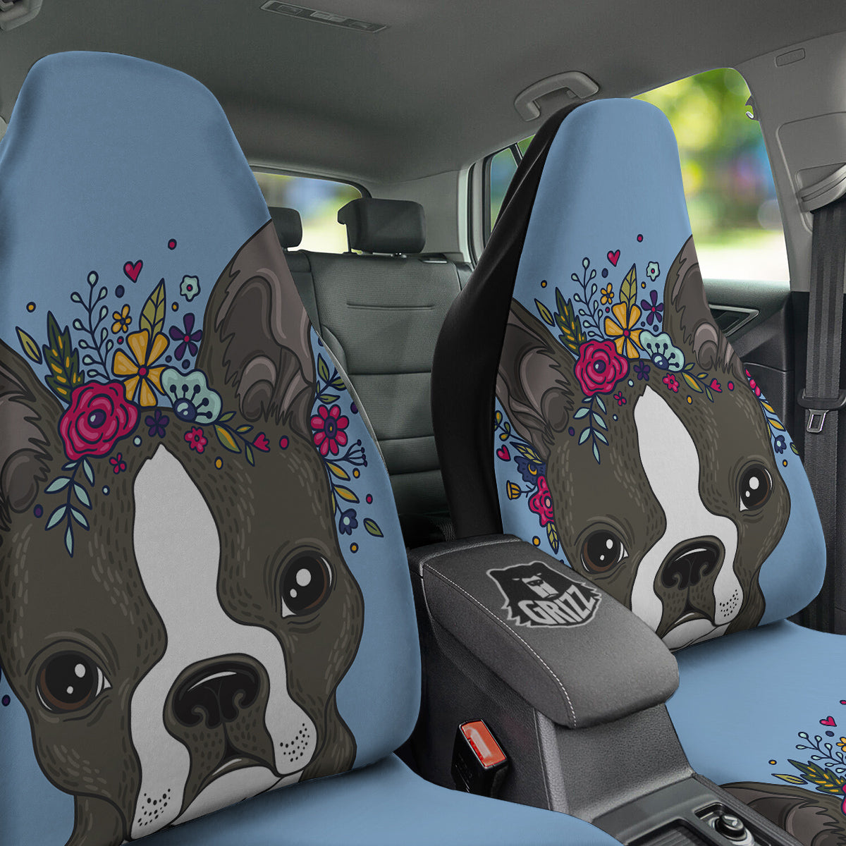 Flower Boston Terrier Cartoon Print Car Seat Covers-grizzshop