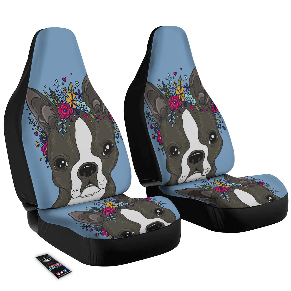 Flower Boston Terrier Cartoon Print Car Seat Covers-grizzshop