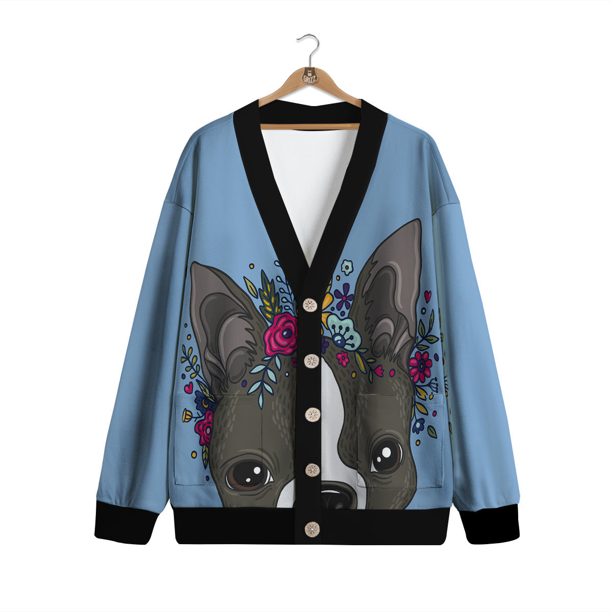 Flower Boston Terrier Cartoon Print Cardigan-grizzshop