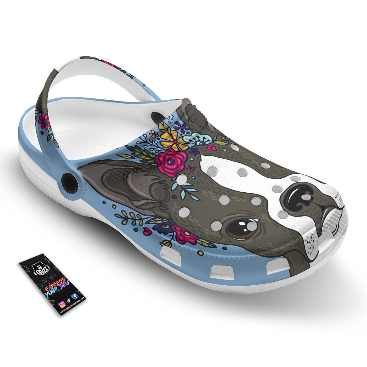 Flower Boston Terrier Cartoon Print Clog-grizzshop