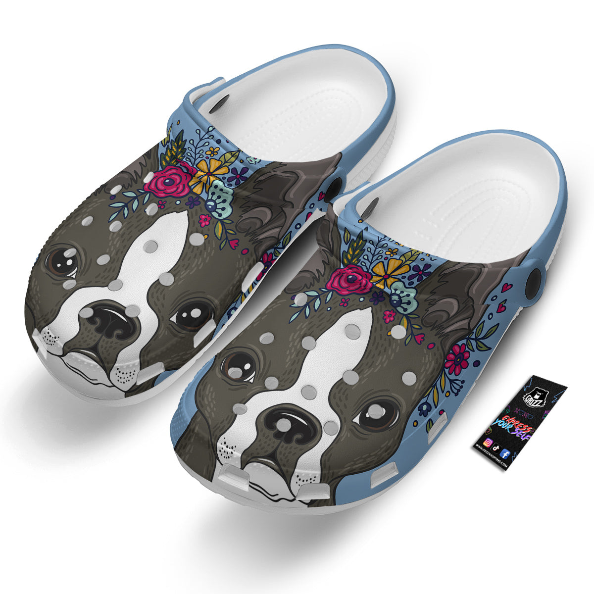Flower Boston Terrier Cartoon Print Clog-grizzshop