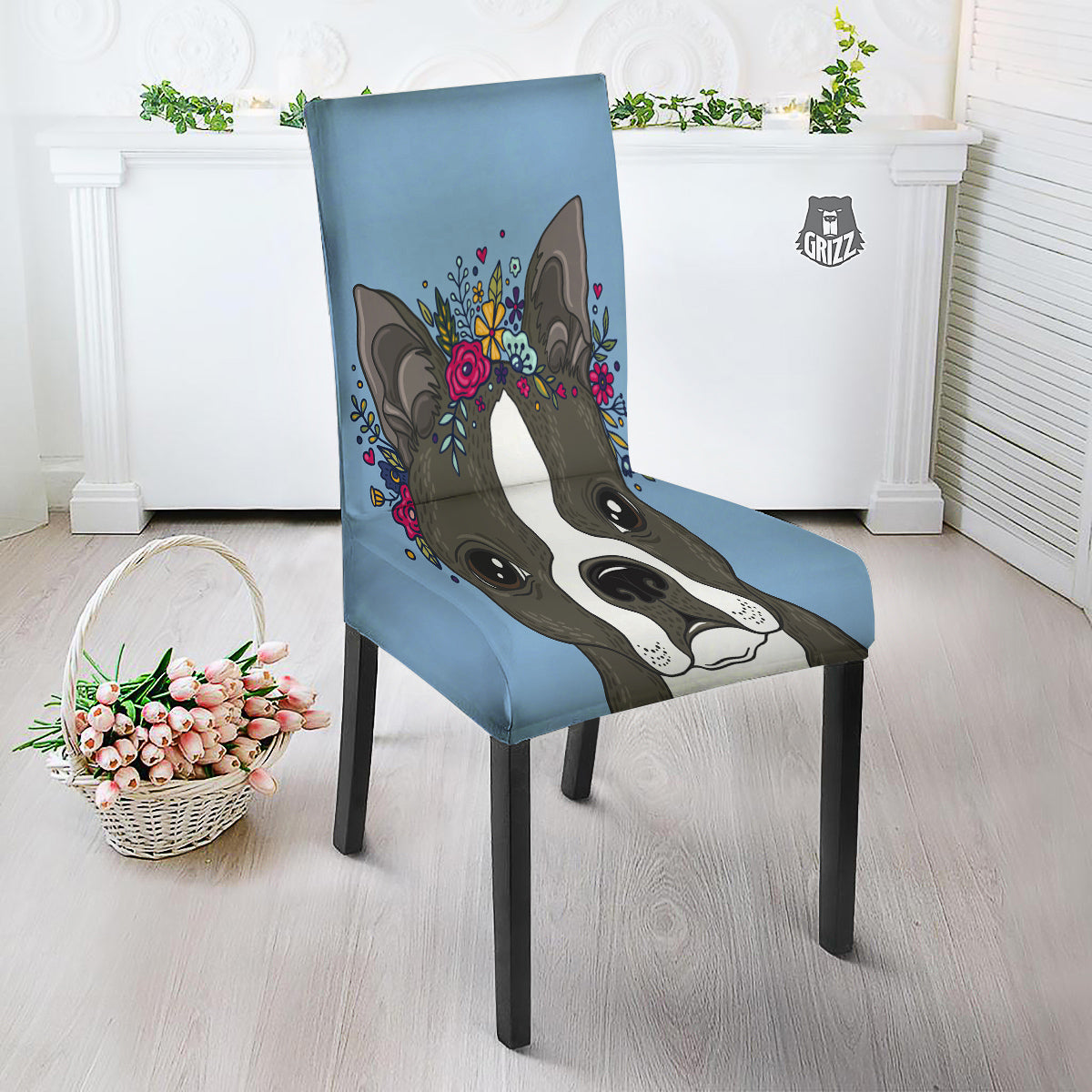 Flower Boston Terrier Cartoon Print Dining Chair Slipcover-grizzshop