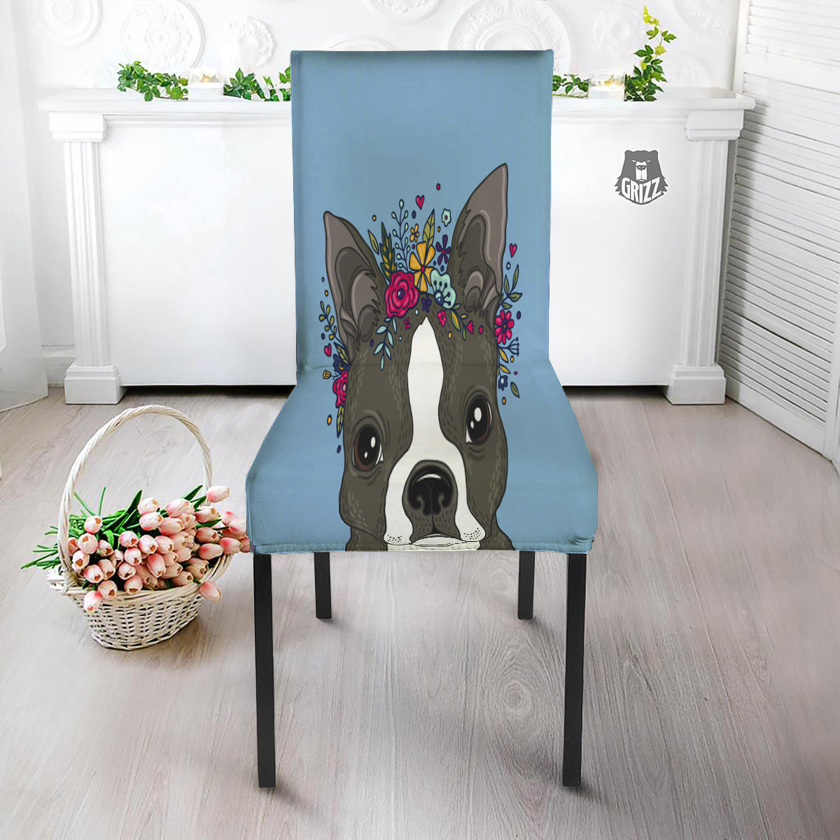 Flower Boston Terrier Cartoon Print Dining Chair Slipcover-grizzshop