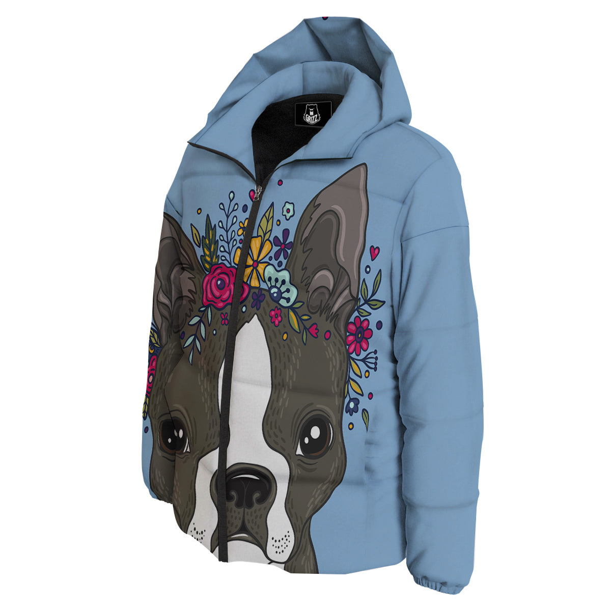 Flower Boston Terrier Cartoon Print Down Jacket-grizzshop