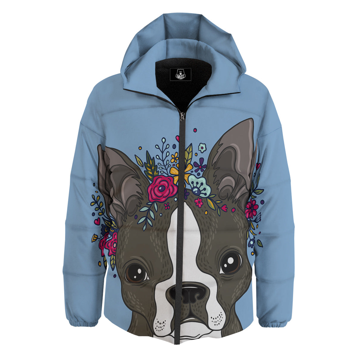 Flower Boston Terrier Cartoon Print Down Jacket-grizzshop