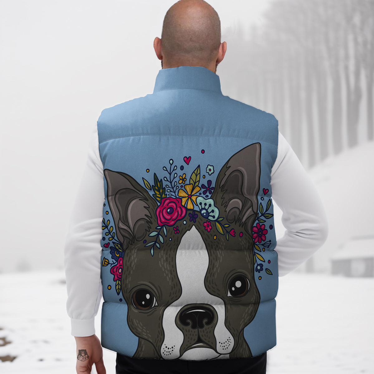 Flower Boston Terrier Cartoon Print Down Vest