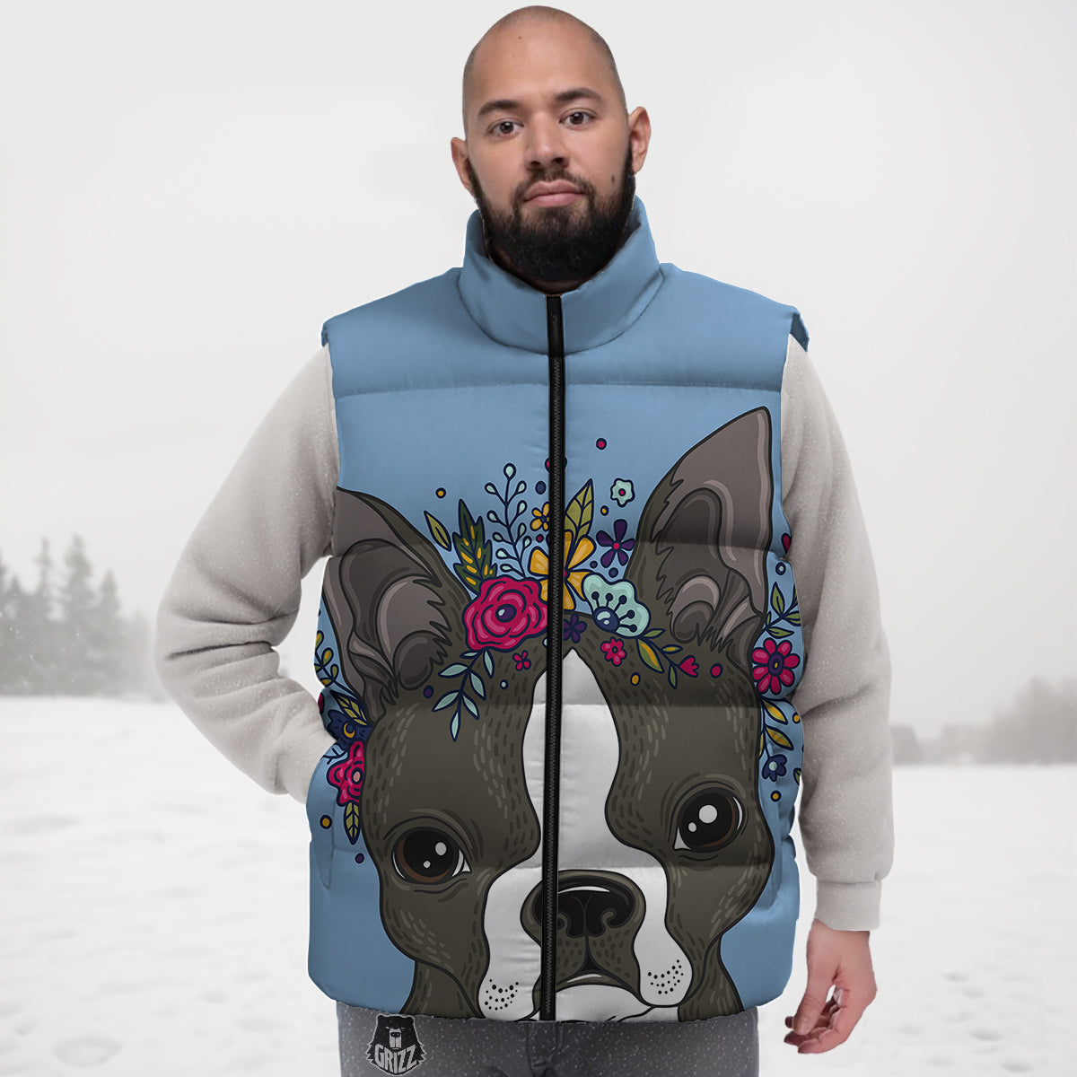 Flower Boston Terrier Cartoon Print Down Vest