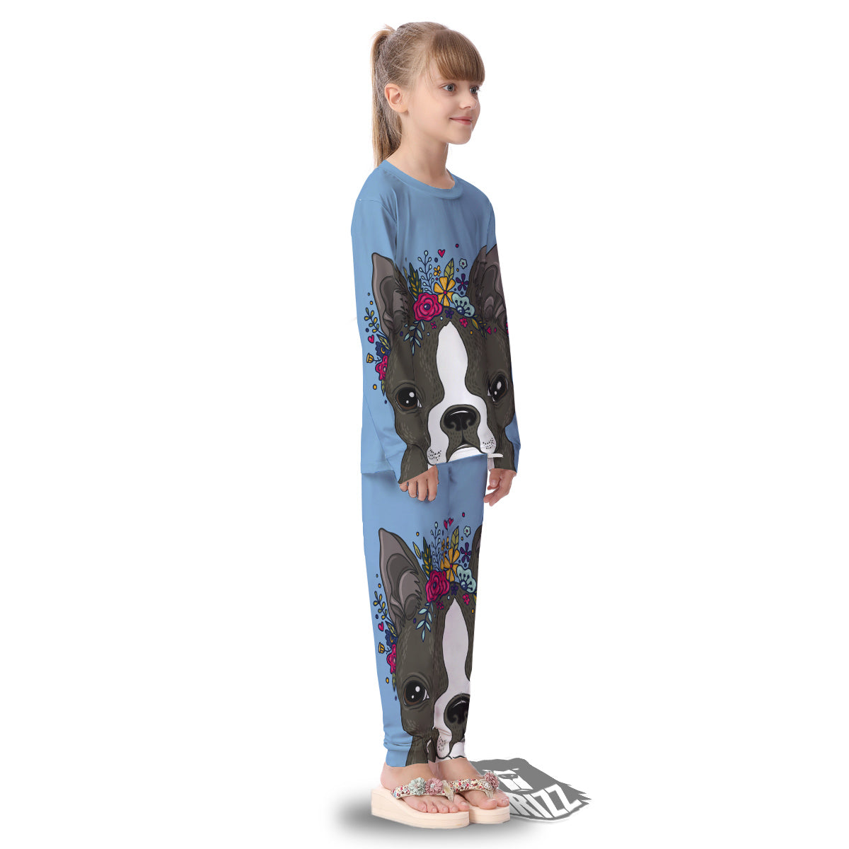Flower Boston Terrier Cartoon Print Kid's Pajamas-grizzshop