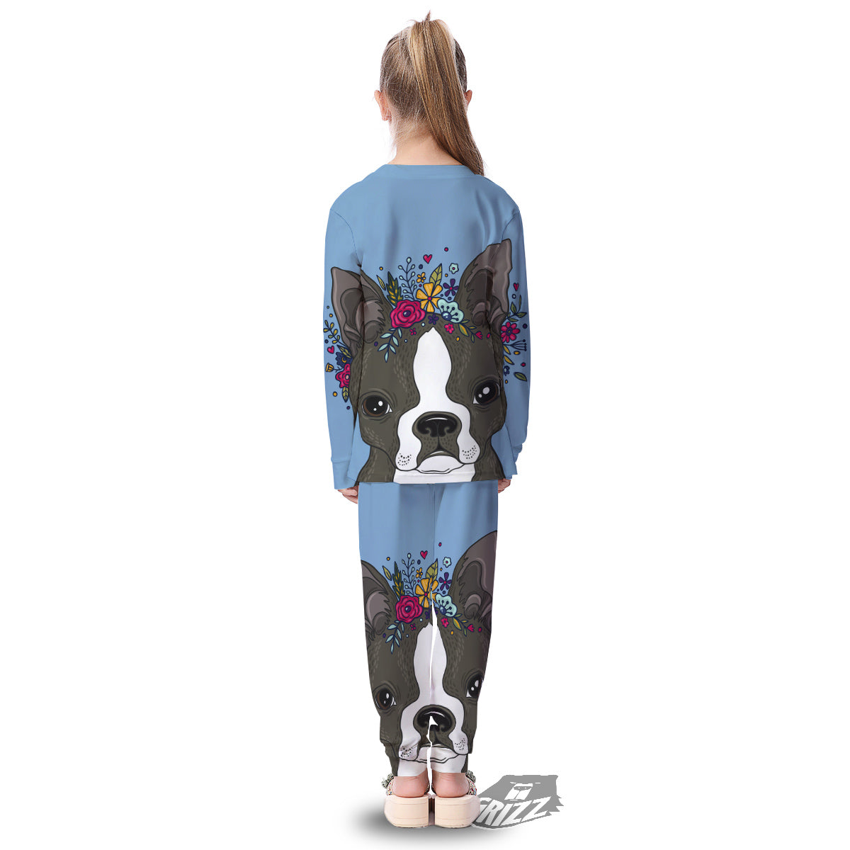 Flower Boston Terrier Cartoon Print Kid's Pajamas-grizzshop