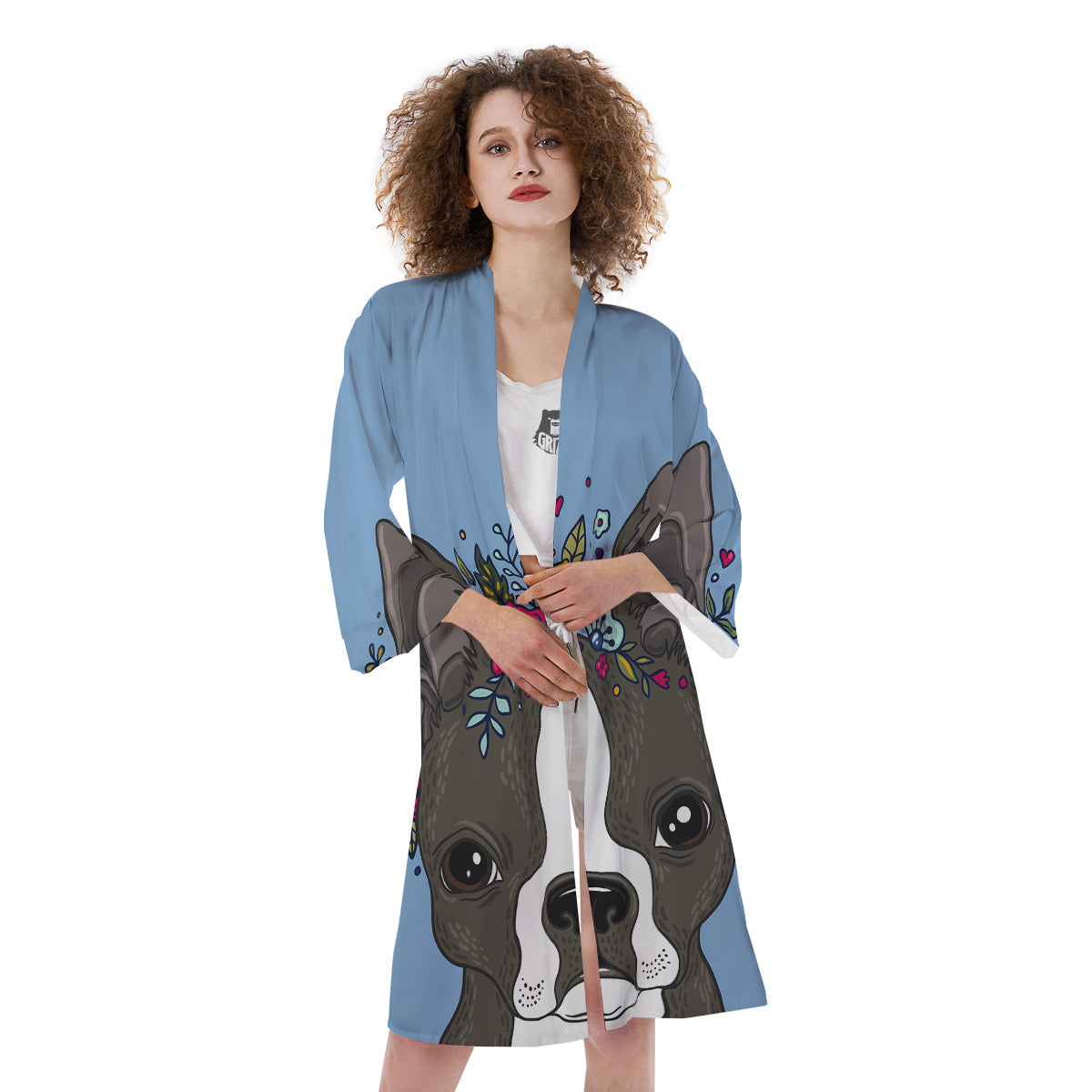 Flower Boston Terrier Cartoon Print Kimono-grizzshop