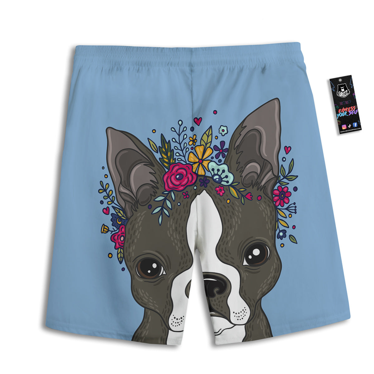Flower Boston Terrier Cartoon Print Men's Athletic Shorts