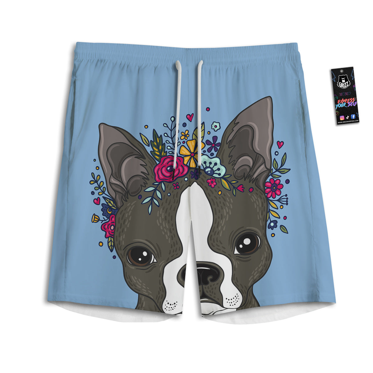 Flower Boston Terrier Cartoon Print Men's Athletic Shorts