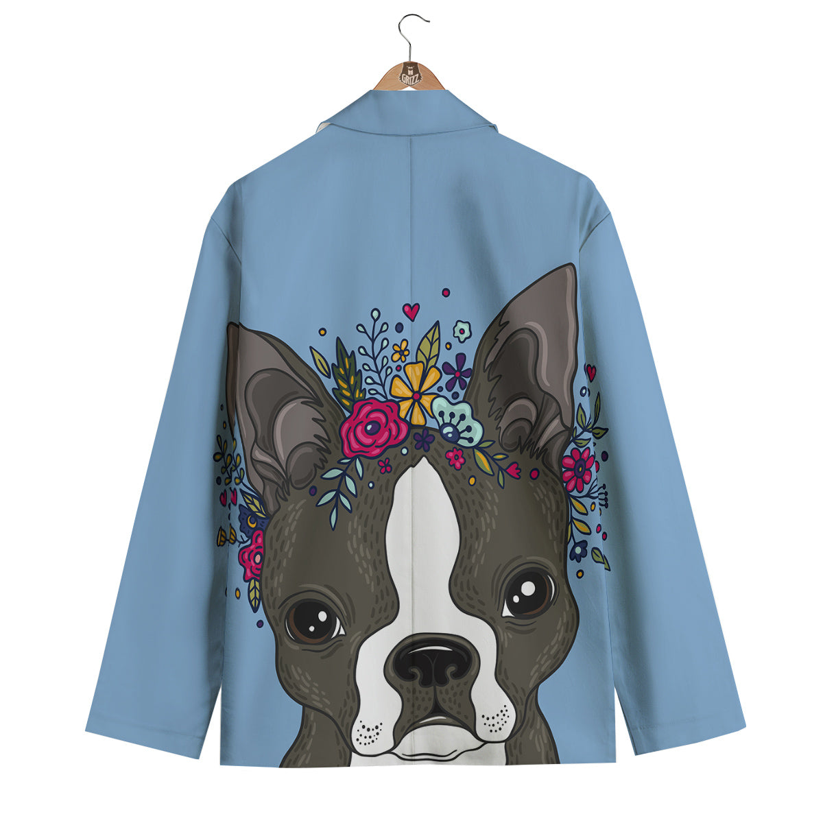 Flower Boston Terrier Cartoon Print Men's Blazer-grizzshop