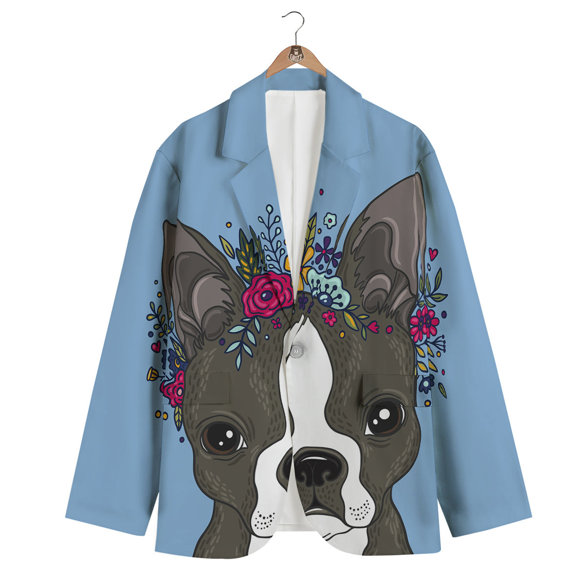 Flower Boston Terrier Cartoon Print Men's Blazer-grizzshop