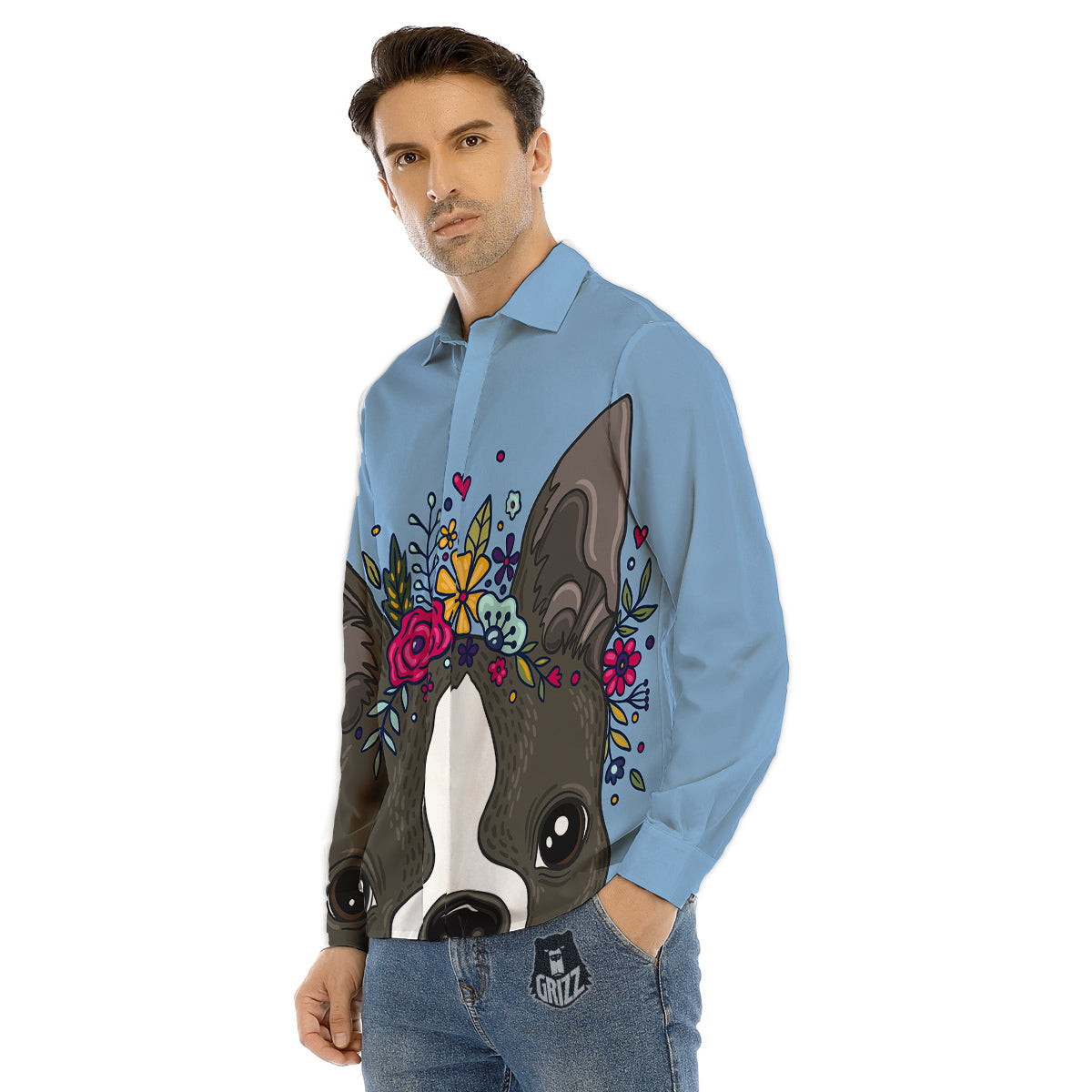 Flower Boston Terrier Cartoon Print Men's Dress Shirts-grizzshop