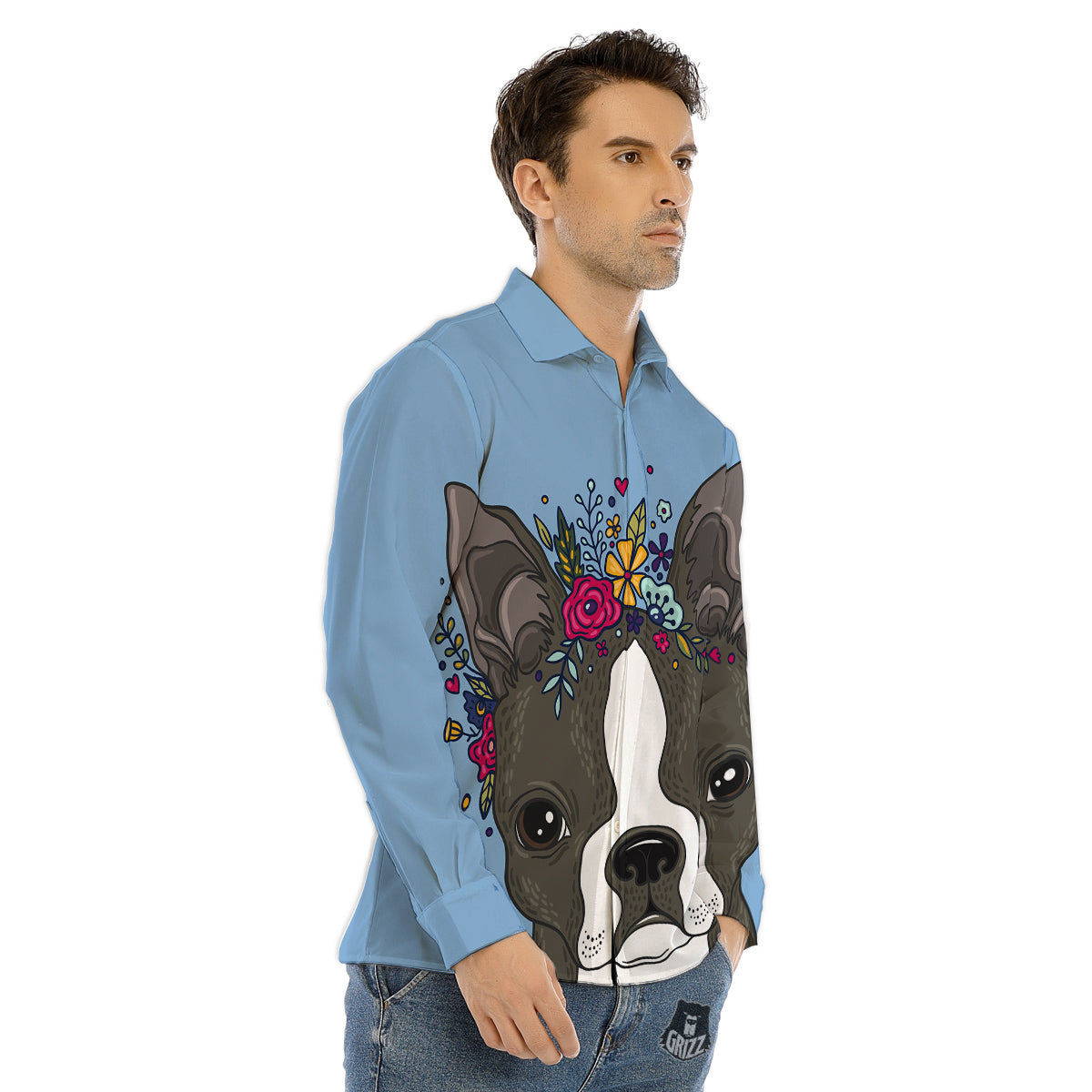 Flower Boston Terrier Cartoon Print Men's Dress Shirts-grizzshop