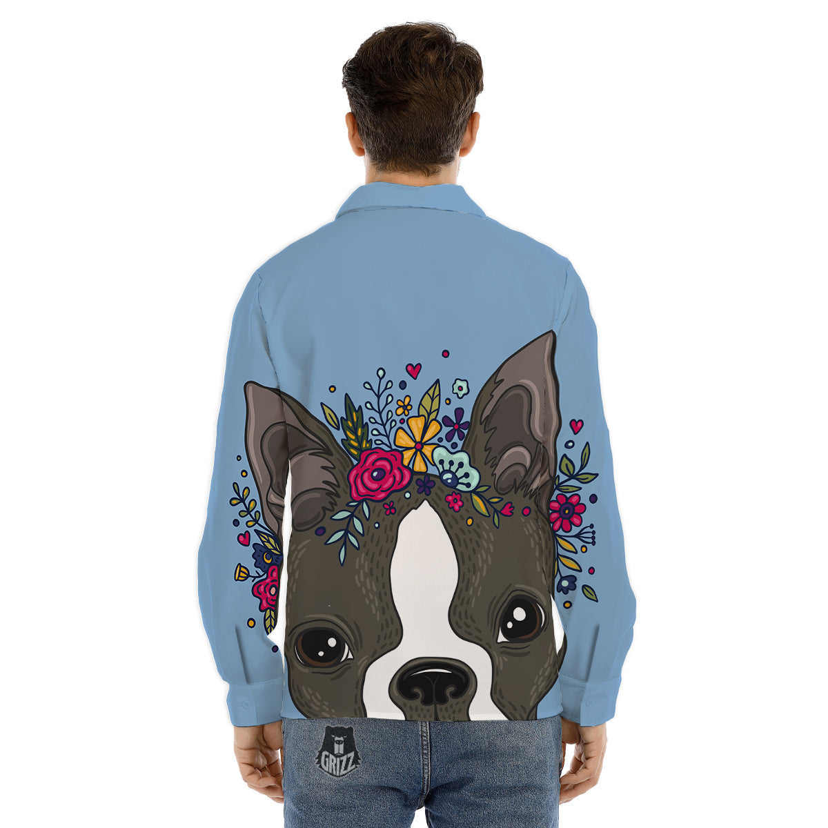 Flower Boston Terrier Cartoon Print Men's Dress Shirts-grizzshop