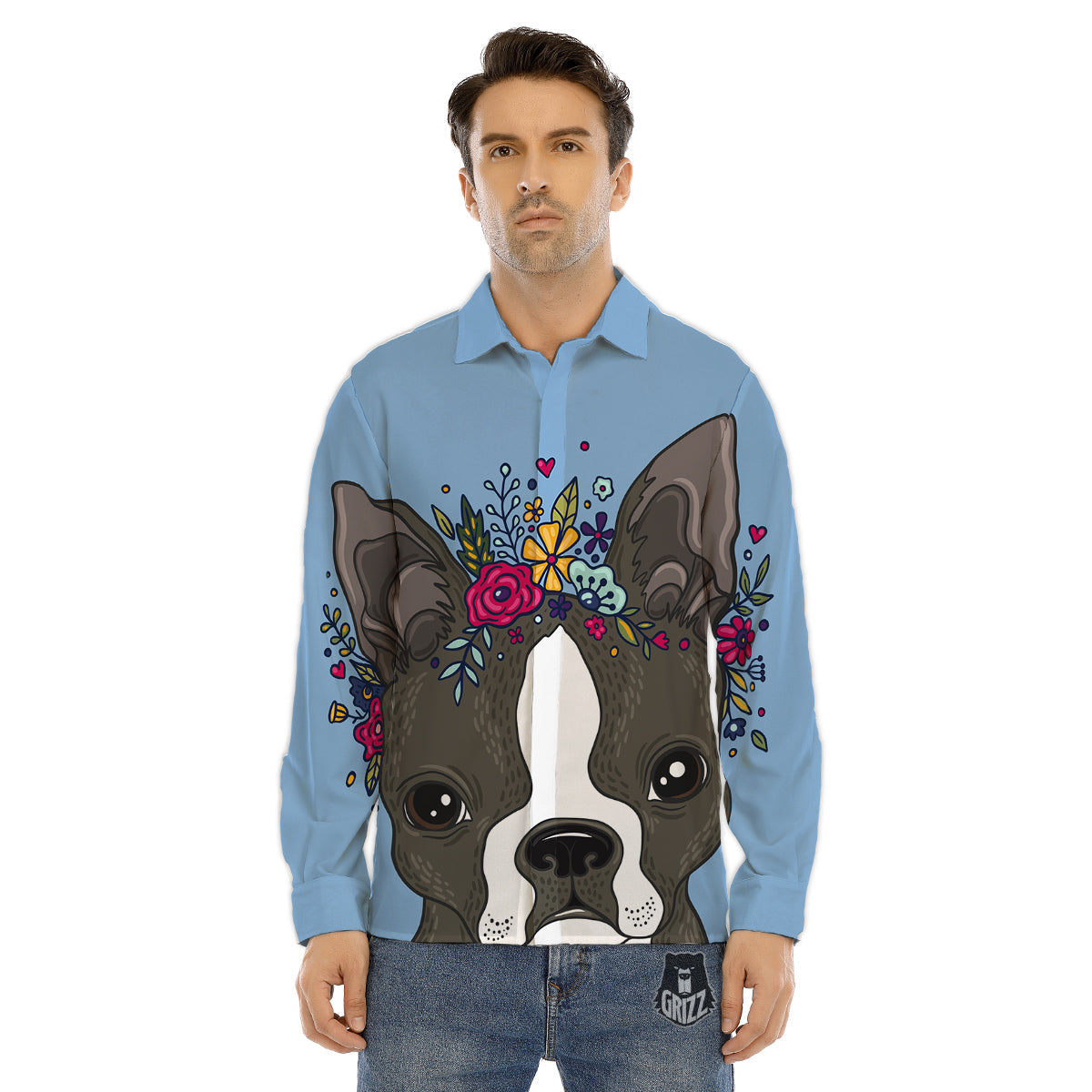 Flower Boston Terrier Cartoon Print Men's Dress Shirts-grizzshop