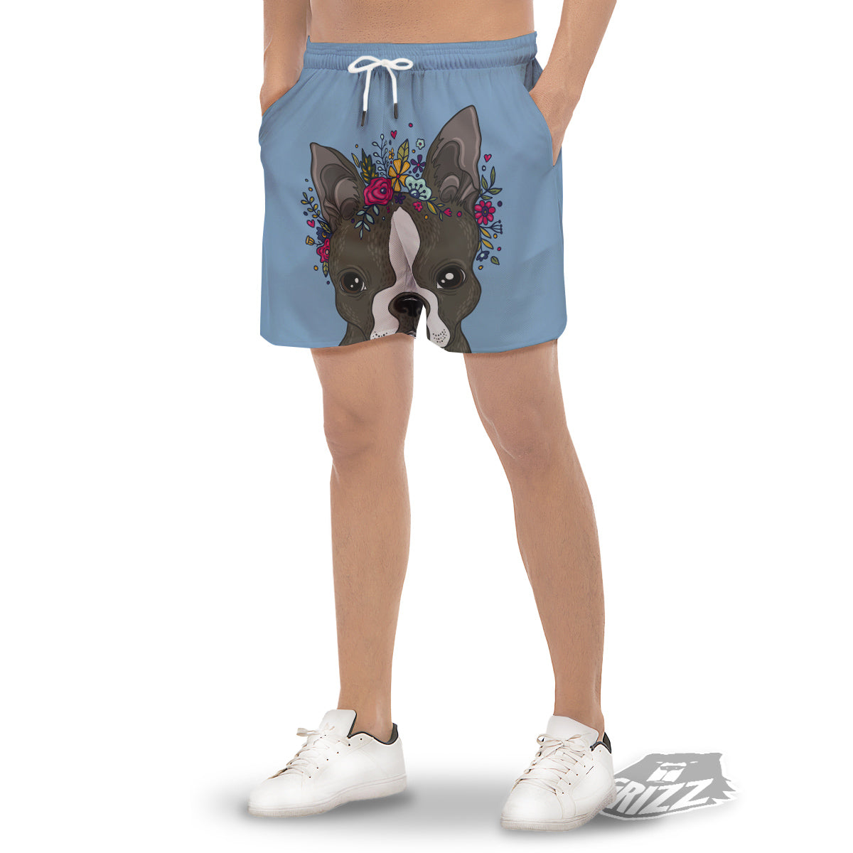 Flower Boston Terrier Cartoon Print Men's Gym Shorts-grizzshop