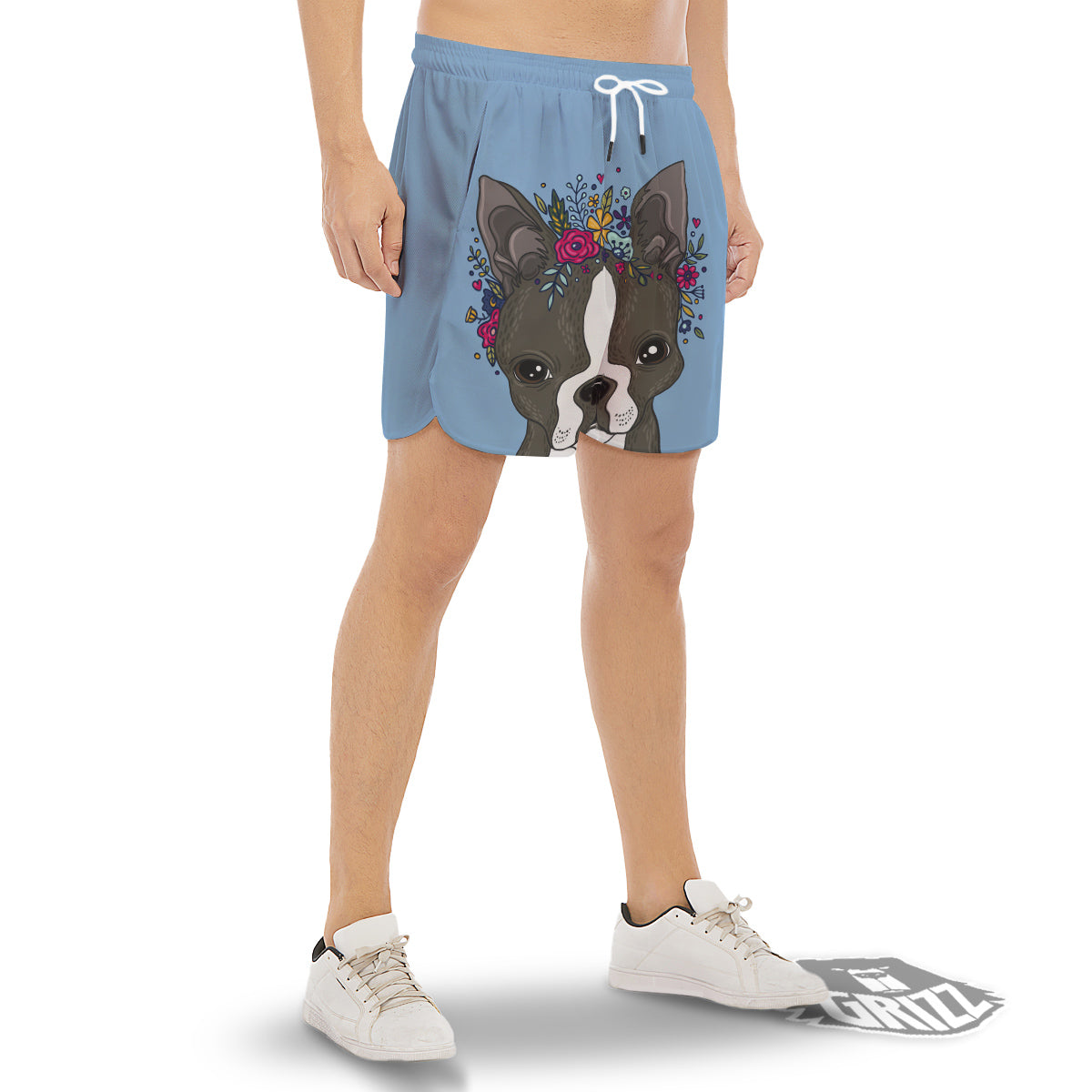 Flower Boston Terrier Cartoon Print Men's Gym Shorts-grizzshop