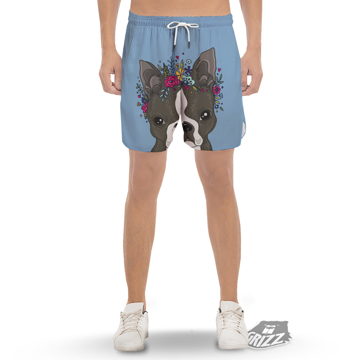 Flower Boston Terrier Cartoon Print Men's Gym Shorts-grizzshop