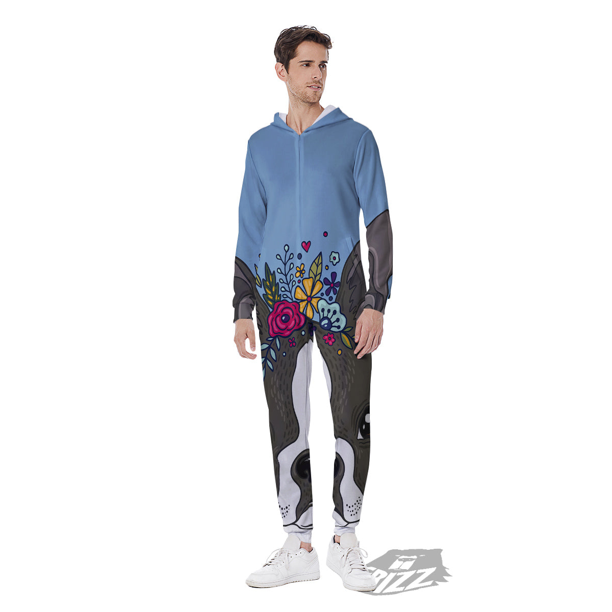 Flower Boston Terrier Cartoon Print Men's Jumpsuit-grizzshop