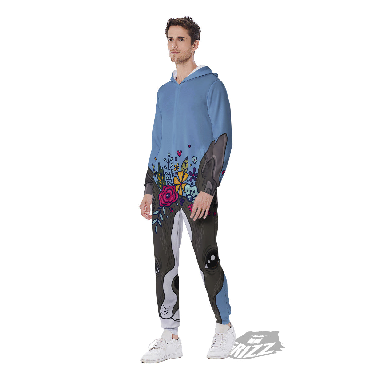 Flower Boston Terrier Cartoon Print Men's Jumpsuit-grizzshop