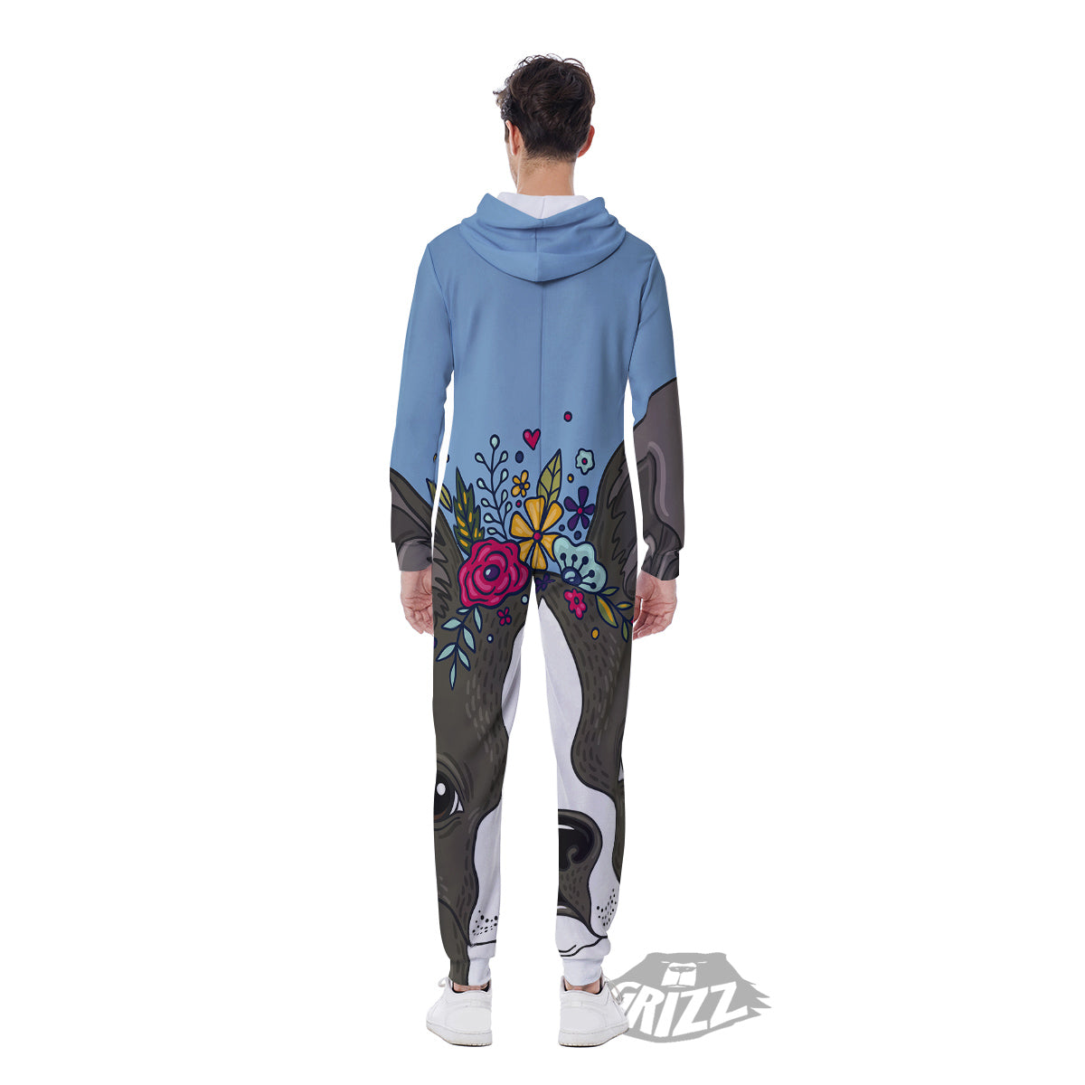 Flower Boston Terrier Cartoon Print Men's Jumpsuit-grizzshop