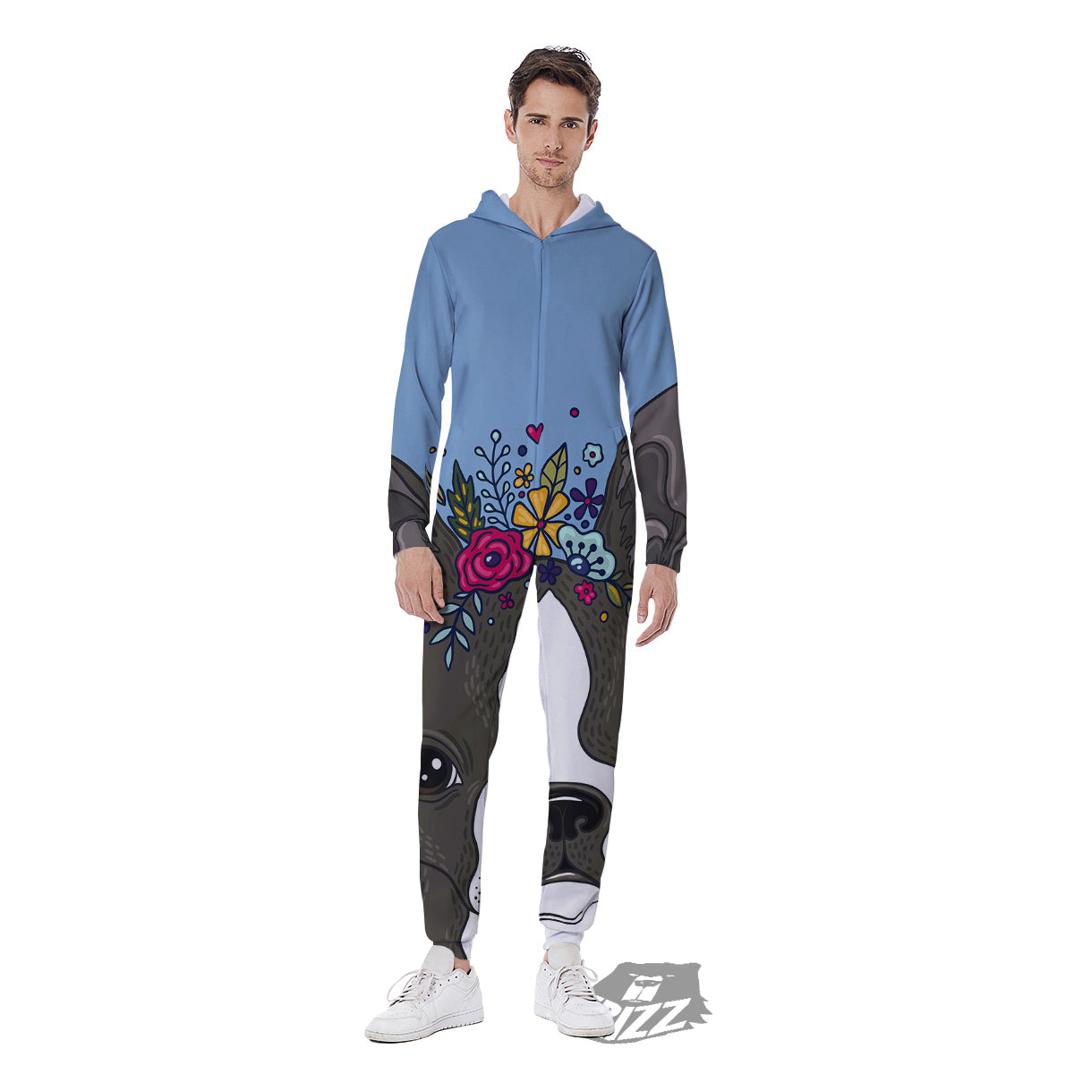 Flower Boston Terrier Cartoon Print Men's Jumpsuit-grizzshop