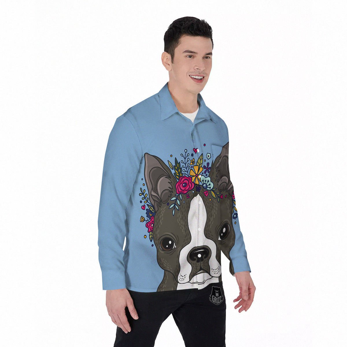 Flower Boston Terrier Cartoon Print Men's Long Sleeve Shirts-grizzshop