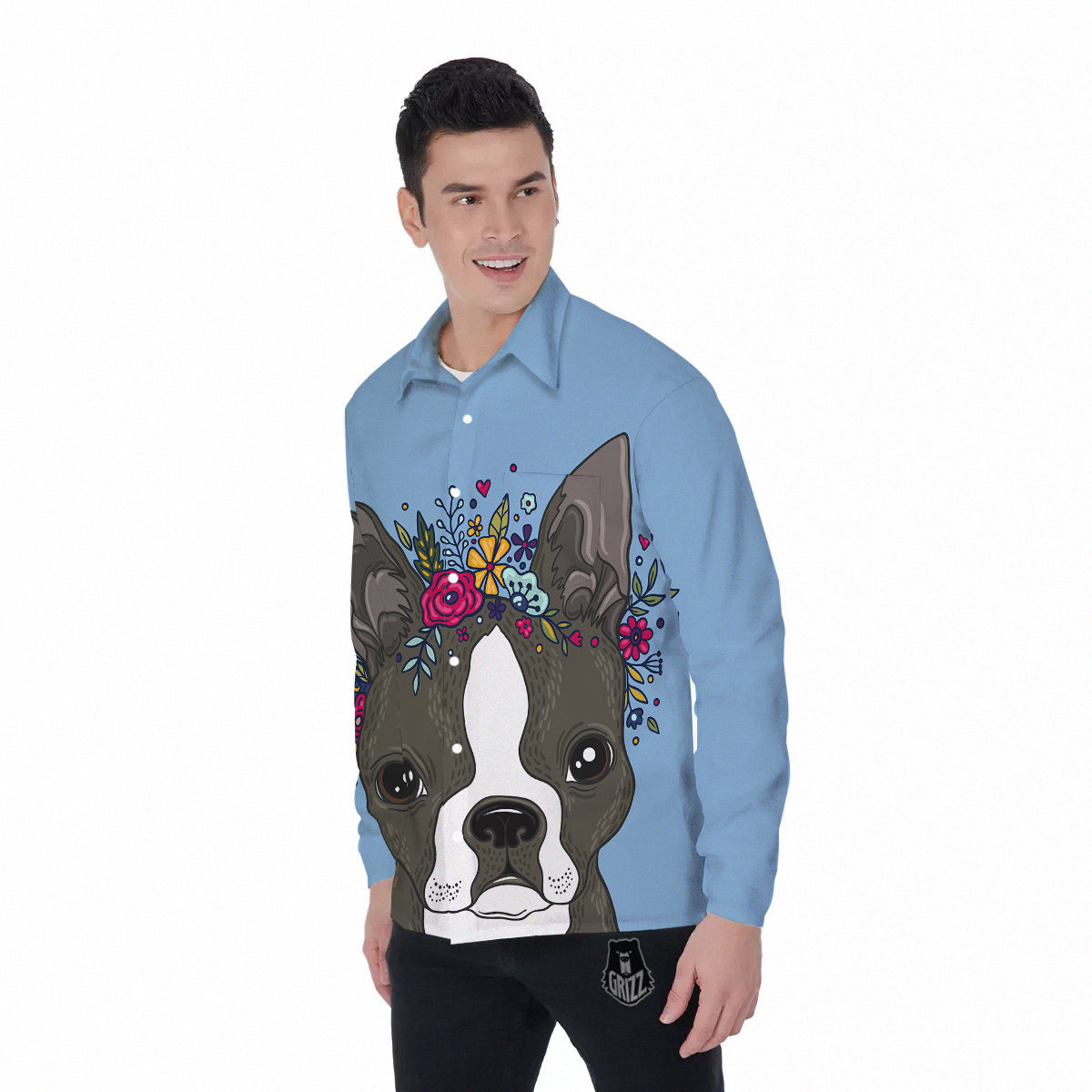 Flower Boston Terrier Cartoon Print Men's Long Sleeve Shirts-grizzshop